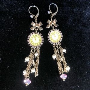 Betsy Johnson clock & rhinestone dangle earrings